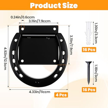 4 Set Tie Ring for Horse, Solid Steel Tie Ring for Horses with 3 x 3 Inch Expansion Screws Wall Mount Horseshoe Cross Ties Rings Horse Barn Supplies for Livestock Stable Stall Racetrack