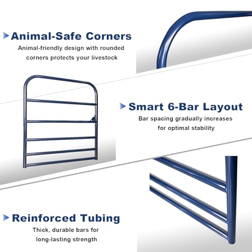 4 ft W x 50 in H Farm Gate, 6-Bar Steel Livestock Gate for Horse & Cattle | Heavy-duty horse gate and cattle gate, chain latch and animal-safe spacing for farms and corrals Blue