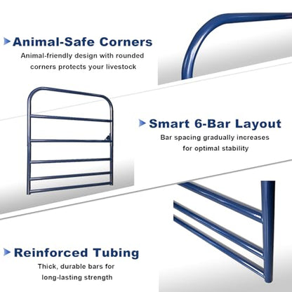 4 ft W x 50 in H Farm Gate, 6-Bar Steel Livestock Gate for Horse & Cattle | Heavy-duty horse gate and cattle gate, chain latch and animal-safe spacing for farms and corrals Blue