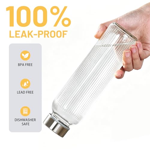 Ribbed Glass Water Bottles with Lids, 18 oz Reusable Juice Bottles with Stainless Steel Lid, 100% Leak Proof, BPA Free, Juicing Beverage Storage Containers for Refrigerator(Set of 6) - color: 6 PACK