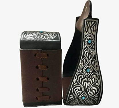 Majestic Ally Western Horse Aluminum Black Engraved Stirrups- Adults - style: Silver Black with Crystal
