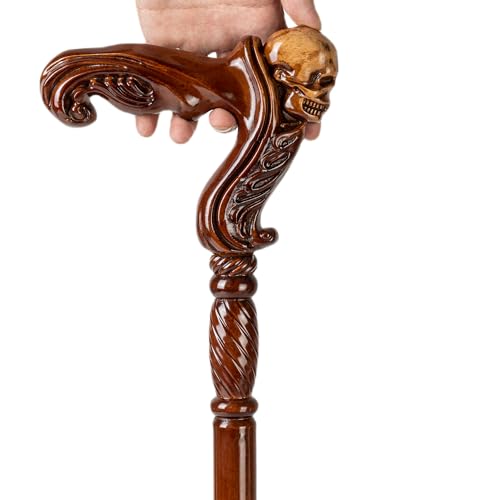 Hand Carved Wooden Walking Cane with Ergonomic Handle and Rubber Tip for Men and Women - Fashionable Unique Walking Stick for Seniors - 37 inch - style: Skull