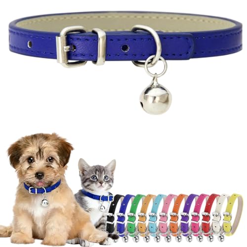 XXS Dog Collar with Bell, PU Leather Male Puppy Collar with Bells Blue - color: Navy Blue, size: XXS (5-8 inches)
