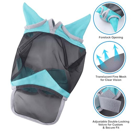 Horse Fly Mask with Ears & Long Nose, Fine Mesh Turquoise Pony - color: Turquoise, size: Pony