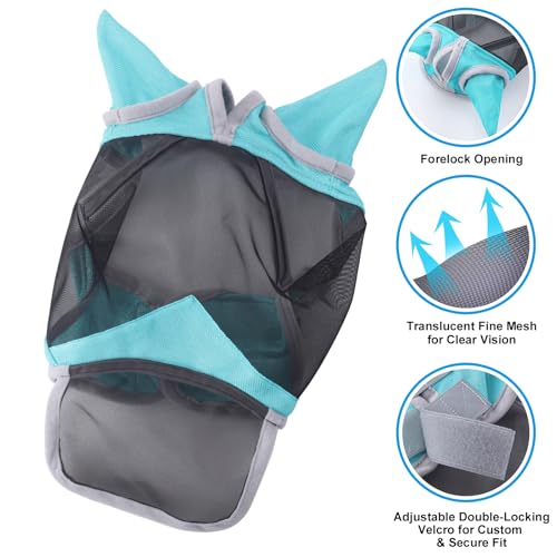 Horse Fly Mask with Ears & Long Nose, Fine Mesh Turquoise Cob - color: Turquoise, size: Cob