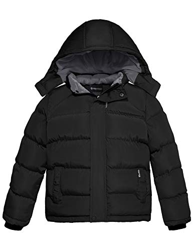 wantdo Boys Puffy Winter Coats Fleece-Lined Snow Jackets Removable Hood | Elastic Cuffs, Hook-and-Loop Collar, Windproof, Machine Washable - color: Black, size: 8-9