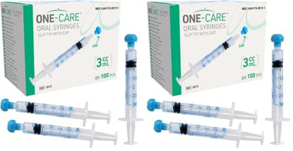 ONE-CARE 3ml Oral Syringe with Cap - Sterile, Individually Wrapped - 100 Syringes, Slip Tip, Uses include oral administration of medicine for infants, adults and animals (Pack of 2) - size: 3ml (Pack of 2)
