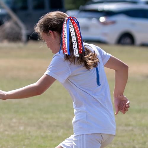 Girls Soccer Ponytail Cheer Bow with Streamers Glitter Red White Blue Sports Hair Ribbons Elastic Hair Tie Bands Soccer Team Game Day Accessories Gift for Cheerleader Moms Player Women - color: Soccer-U