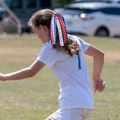 Girls Soccer Ponytail Cheer Bow with Streamers Glitter Red White Blue Sports Hair Ribbons Elastic Hair Tie Bands Soccer Team Game Day Accessories Gift for Cheerleader Moms Player Women - color: Soccer-U