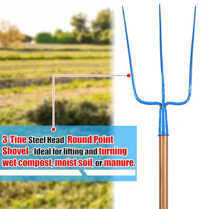 59 Inch Manure Fork Wood Handle 3 Tine Pitch Fork for Farm Stable Hay Ranch Bedding Garden
