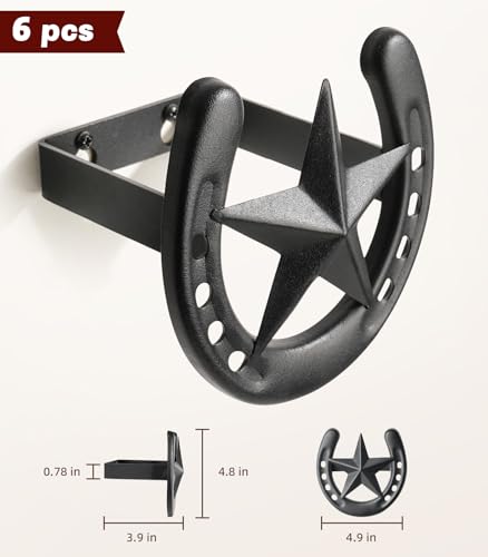 Cowboy Hat Rack for Wall, 6 Pack Iron Horseshoe Star Hooks, Black - color: Black