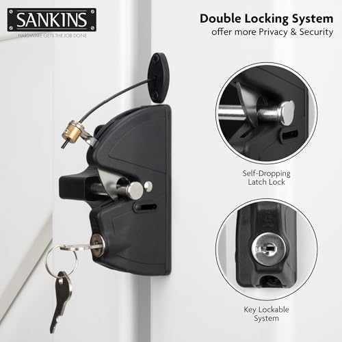 Key Lockable Fence Gate Latch, 2 Sided Gate Lock Latch for Outdoor Fence, Keyed Fence Lock Latch with Spring Loaded Pull Cable, Fence Latch Gate Hardware for Wood, Vinyl, Metal Gates, Black