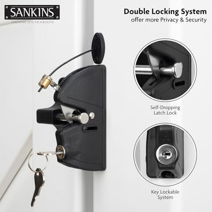 Key Lockable Fence Gate Latch, 2 Sided Gate Lock Latch for Outdoor Fence, Keyed Fence Lock Latch with Spring Loaded Pull Cable, Fence Latch Gate Hardware for Wood, Vinyl, Metal Gates, Black