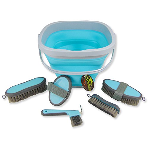 Collapsible Grooming Kit 10 Liter Bucket and 5 Grooming Tools - By Southwestern Equine - Turquoise - color: Turquoise