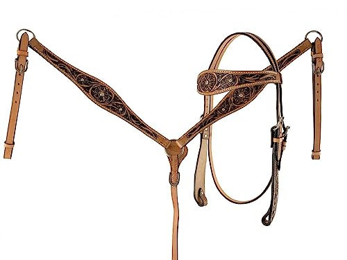 Showman Leather Browband Headstall & Breast Collar Set w/Floral Tooling & Reins