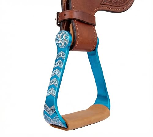 Horse Western 5" Wide Barrel Racer Engraved Aluminum Show Stirrups 51244 - color: Turquoise