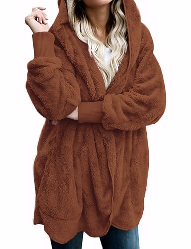 Zilcremo Women Hooded Cardigan Open Front Fuzzy Jacket - color: Caramel, size: Medium