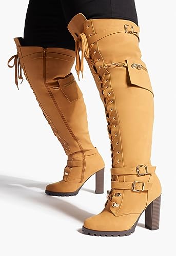 Yishaweiqi Buckle Strap Wide Calf Thigh High Boots for Women Chunky Block High Heel Over The Knee Boots Lace up Riding Combat Boots Ladies Side Zipper Tall Long Boots - color: Tan, size: 6