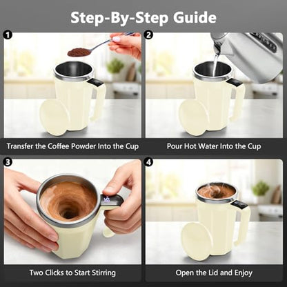 Self Stirring Coffee Mug with Temperature Display, 18 oz Rechargeable Self Stirring Mug with Lid, Automatic Self Stirring Cup with Stainless Steel for Coffee, Milk, Beverages, White - color: White