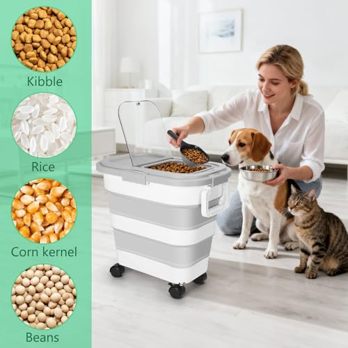 30LB Dog Food Storage Container with Wheels, Lid, Handle, Cup and Scoop - color: 30 Lbs Grey