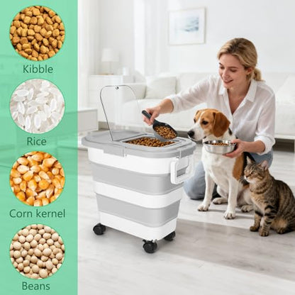 30LB Dog Food Storage Container with Wheels, Lid, Handle, Cup and Scoop - color: 30 Lbs Grey