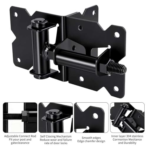 Self Closing Gate Hinge and Latch Kit for Wooden/Vinyl Fence Gate | Heavy Duty Rust Proof Gate Hardware Kit,4 Adjustable Self Closing Hinges & 2 Post Mount Self Locking Gate Latch (Black)
