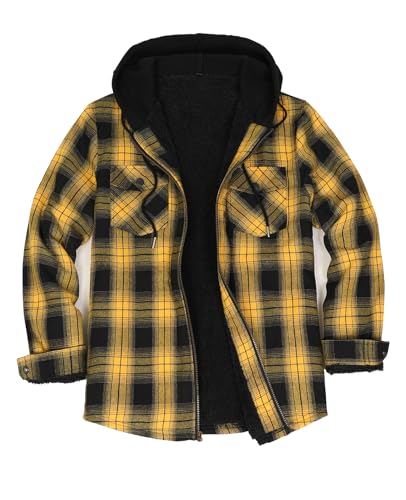 ZENTHACE Men's Sherpa Lined Full Zip Hooded Plaid Shirt Jacket - color: Yellow and Black, size: Medium