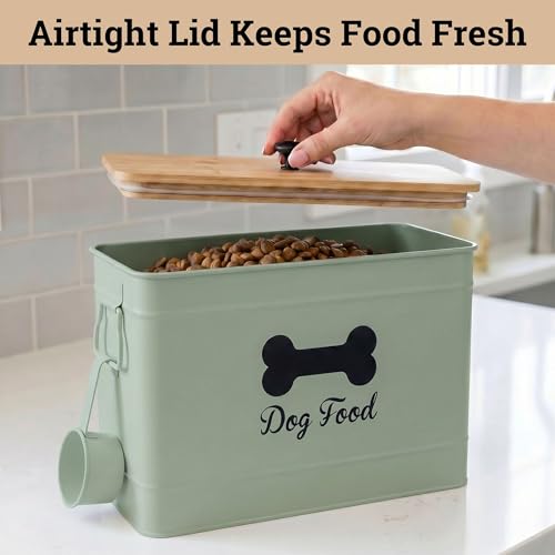Metal Dog Food Container 15-20 lbs w/ Airtight Bamboo Lid, 70 Cup Capacity - color: Sage Green