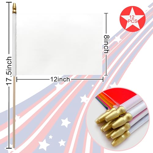 12Pcs 8×12 Inch Red White Blue Black Orange Yellow Green Purple Pink Flags Set on Wood Stick Small Mini Solid Color Blank Sublimation Handheld Flags for DIY Graffiti