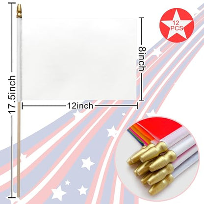 12Pcs 8×12 Inch Red White Blue Black Orange Yellow Green Purple Pink Flags Set on Wood Stick Small Mini Solid Color Blank Sublimation Handheld Flags for DIY Graffiti