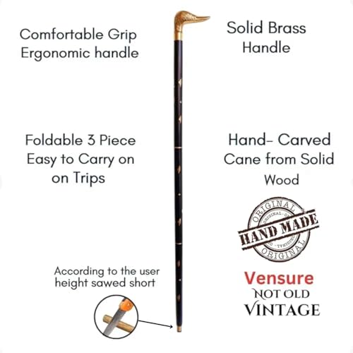 Vintage Antique Walking Cane Black Wooden Walking Stick with Golden Brass Designer Duck Handle Wooden Walking Cane for Men & Women, Fancy Canes, Ideal Gift