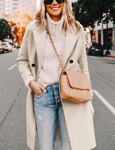 Women's Winter Wool Coat Casual Notch Lapel Single-Breasted Peacoat - color: Beige, size: Large