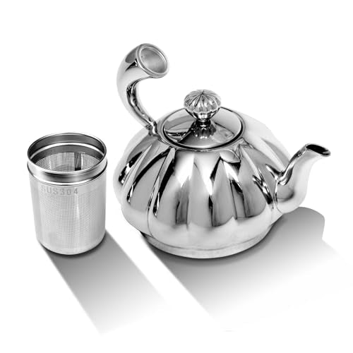 Stainless Steel Teapot with Removable Infuser - 12OZ Stovetop Safe Tea Maker Water Kettles for Loose Leaf, Small Pumpkin Tea Kettle for Coffee Tea Milk, Thickened Mirror Polished Ornaments