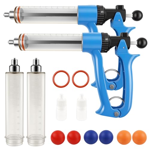 2 Pack 50ML Semi-Automatic Livestock Syringe, Continuous-Injection Syringe | Reusable 50ml farm liquid dispenser set with 5 output levels, smooth one-hand use and extra parts for daily livestock care - color: Blue - 2 Pack