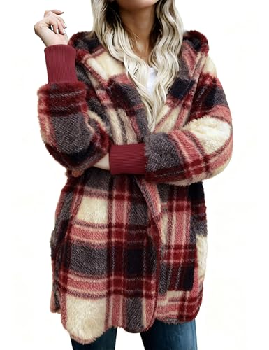 Zilcremo Women Hooded Cardigan Open Front Fuzzy Jacket - color: Deepred Plaid, size: Small