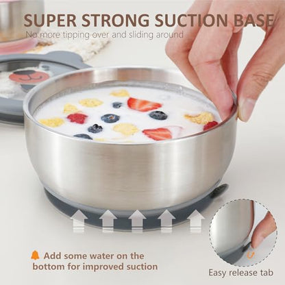 MR. CHOU Baby Bowls with Non-Slip Silicone Suction Cup, Insulated Double-Layer 18/8 Stainless Steel Toddler Bowls with BPA Free Airtight Lids, Food-Grade Silicone Safe for Kids (Gray) - color: Gray