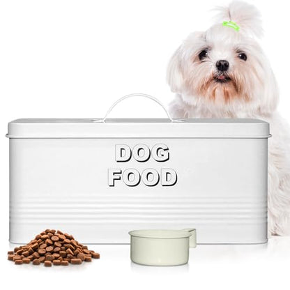 Plexon Metal Dog Food Storage Container with Scoop - Small Dog Food Container 10lbs Holder Treat Jar Bin with Lid - Pet Chow Storage Canister Tin, 2 Gallon, White - color: White, 2 Gall Capacity
