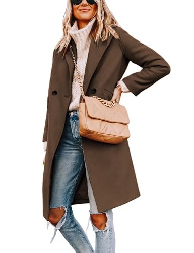 Hooever Women's Wool Coat Notch Lapel Double-Breasted Peacoat - color: Brown, size: Small