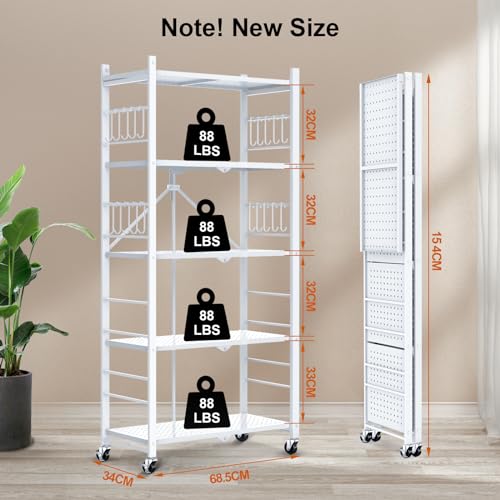 Himix 5-Tier Foldable Storage Shelves 20 Hooks Wheels White No Assembly - color: White, size: 5-Tier