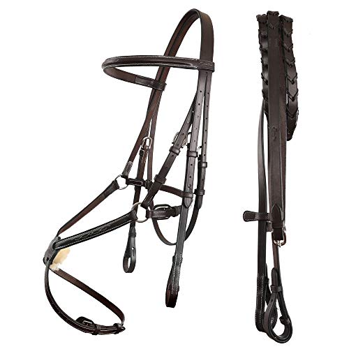 Exion Fancy Stitched Figure 8 Hunter Bridle with Laced Reins – Raised Veg-Tanned Leather English Jumping Bridle Set for Horses – Classic Mexicana Split-Poll Equestrian Show Tack, Pony Cob Full