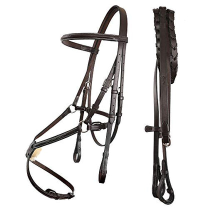 Exion Fancy Stitched Figure 8 Hunter Bridle with Laced Reins – Raised Veg-Tanned Leather English Jumping Bridle Set for Horses – Classic Mexicana Split-Poll Equestrian Show Tack, Pony Cob Full