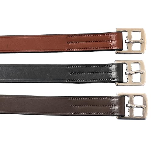 Exion Pre-Stretched English Stirrup Leathers | Non-Stretch Genuine Leather Stirrup Straps for English Saddles | 18 Numbered Holes Stainless Steel Buckles | Pair Black Havana Oak 48 54 58 62 - color: Black, size: 135 cm / 54"