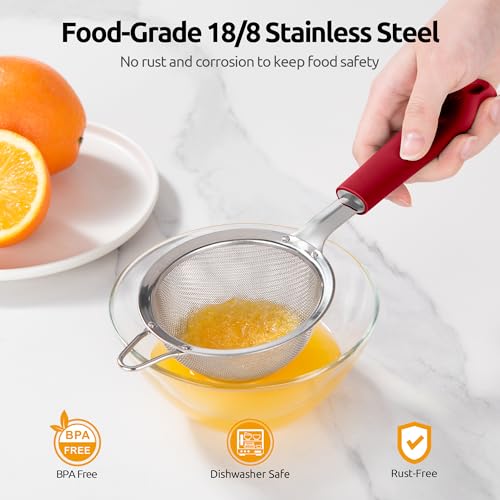 U-Taste Fine Mesh Strainer, 18/8 Stainless Steel Sieve 30 Mesh, S/Red | Tea Coffee Strainer with Silicone Handle, Mini Small Ultra Fine Sieve, Metal Colander for Loose Tea/Juice/Pulp/Matcha/Liquids - color: (4) Red, size: S-3.35in