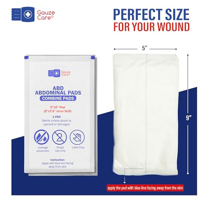 GauzeCare Sterile Abdominal- ABD Combine Pads| 50-Pack, 5 x 9 Inches| Extra Absorbent & Thick, Individually Wrapped Wound Dressing, First Aid Pads| Surgical-Grade, Nonstick- for Heavy Leakage, Post Op - size: 5"x9" (50 Pads)