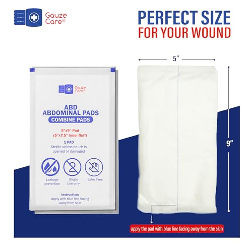 GauzeCare Sterile Abdominal- ABD Combine Pads| 50-Pack, 5 x 9 Inches| Extra Absorbent & Thick, Individually Wrapped Wound Dressing, First Aid Pads| Surgical-Grade, Nonstick- for Heavy Leakage, Post Op - size: 5"x9" (50 Pads)