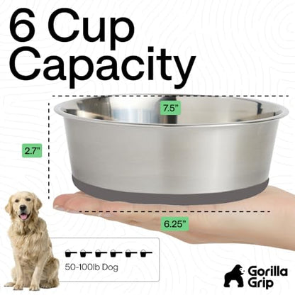 GORILLA GRIP Dog Bowls, Food Grade Stainless Steel, Set of 2, 6 Cup, Gray | 304 Stainless Steel Pet Feeding Bowls Hold 48 fl oz Each, Dishwasher Safe, Rust Resistant, BPA Free Rubber Base - color: Gray, size: 6 Cup (48 Oz)