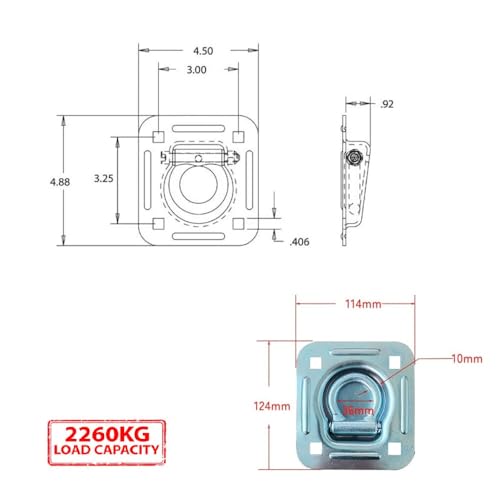 Recessed Tie Down D-Rings Anchor, 6000 lb. Capacity, Bolt-on with Backing Support Plates, for Flatbed Trailer/Truck, Pack of 4