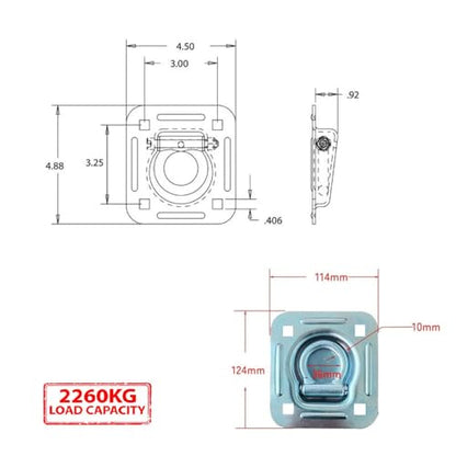 Recessed Tie Down D-Rings Anchor, 6000 lb. Capacity, Bolt-on with Backing Support Plates, for Flatbed Trailer/Truck, Pack of 4