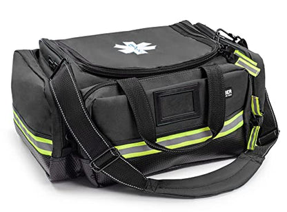 Scherber Fully-Stocked First Responder Professional Advanced EMT/EMS Trauma Kit | HSA/FSA Approved | Reflective Bag w/10+ Compartments, Zippered Pockets & 250+ First Aid Supplies (Black) - color: Black