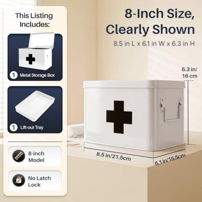 Flexzion Large Metal First Aid Box Empty, 8.5-Inch, White with Black Cross - color: White - Black Cross, size: 8.5 Inch without Latch Lock